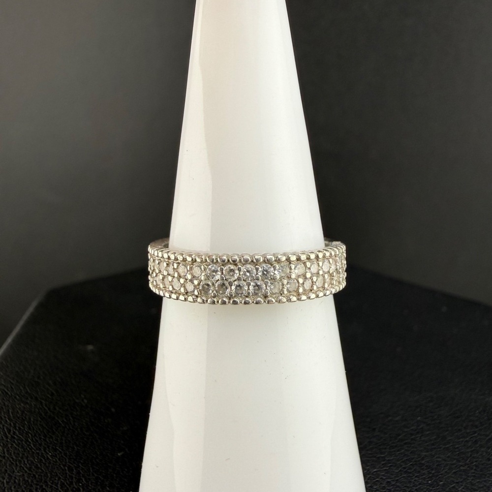 N Band Ring Silver Sterling Pavé Signed Clear Stones 6